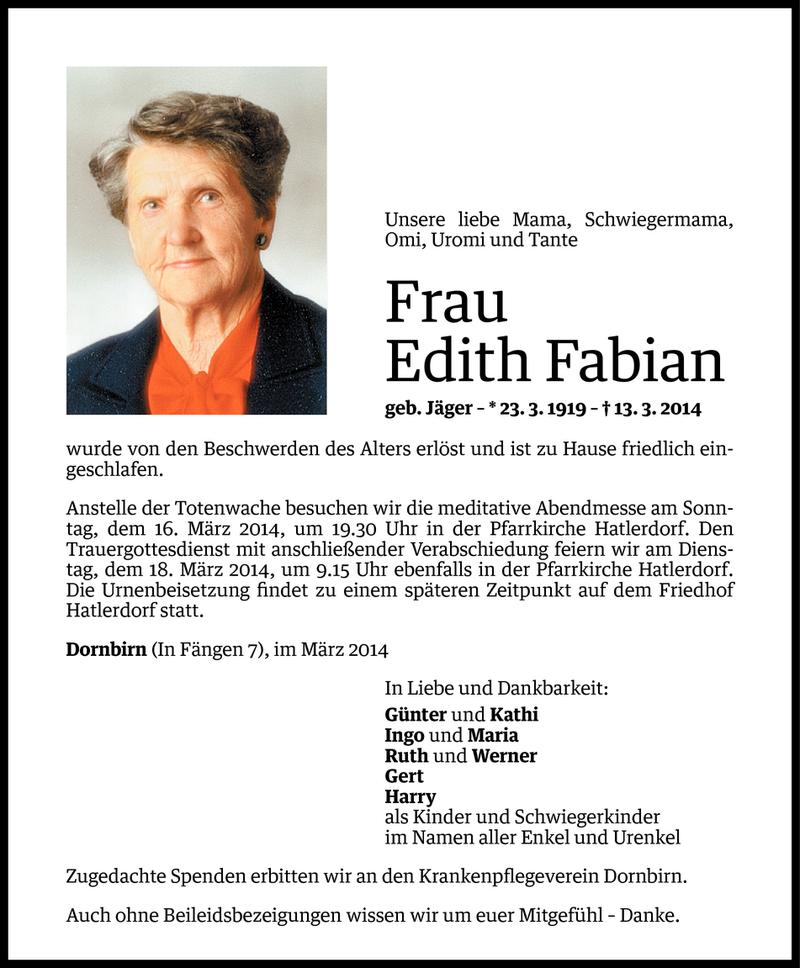  Todesanzeige für Edith Fabian vom 14.03.2014 aus Vorarlberger Nachrichten