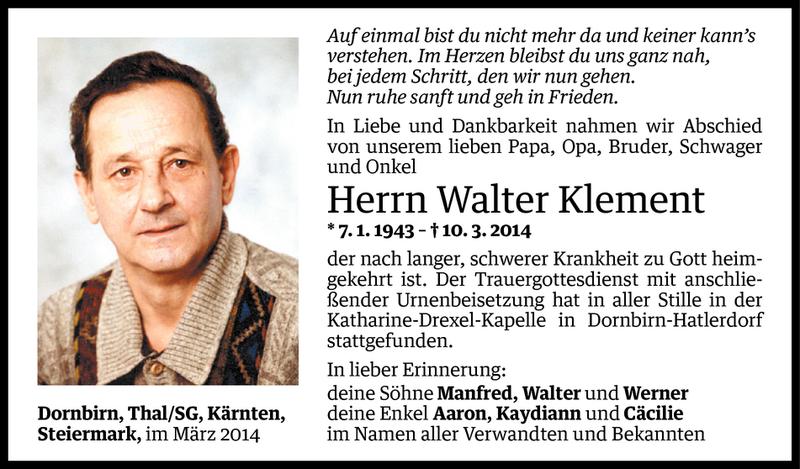  Todesanzeige für Walter Klement vom 17.03.2014 aus Vorarlberger Nachrichten