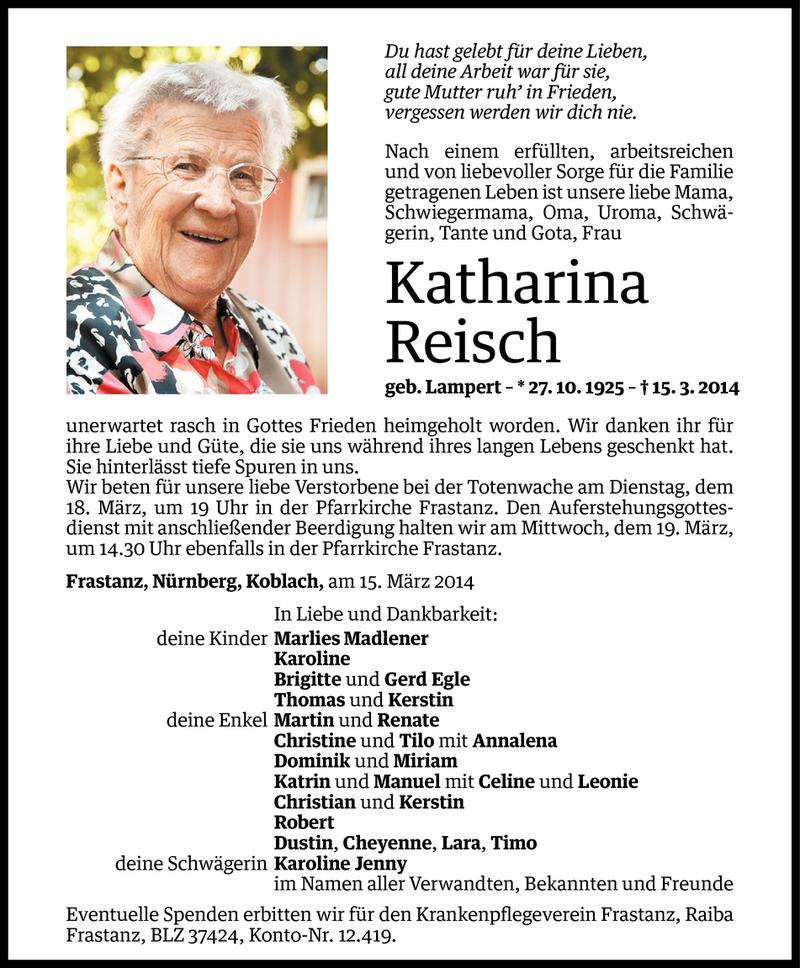  Todesanzeige für Katharina Reisch vom 16.03.2014 aus Vorarlberger Nachrichten