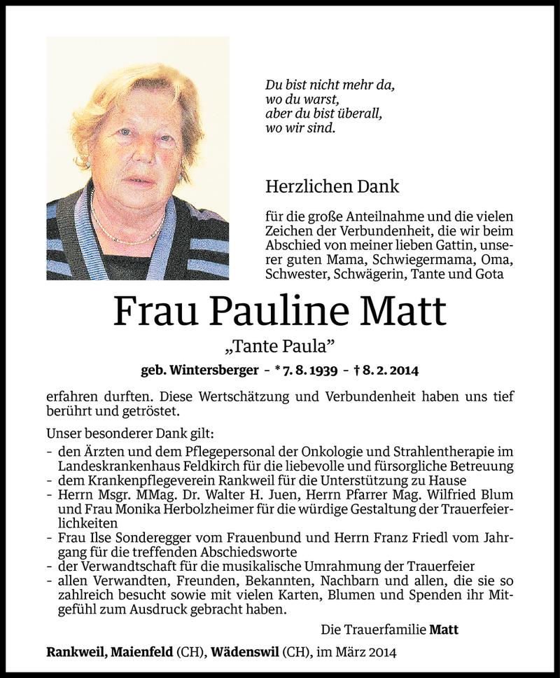  Todesanzeige für Pauline Matt vom 17.03.2014 aus Vorarlberger Nachrichten