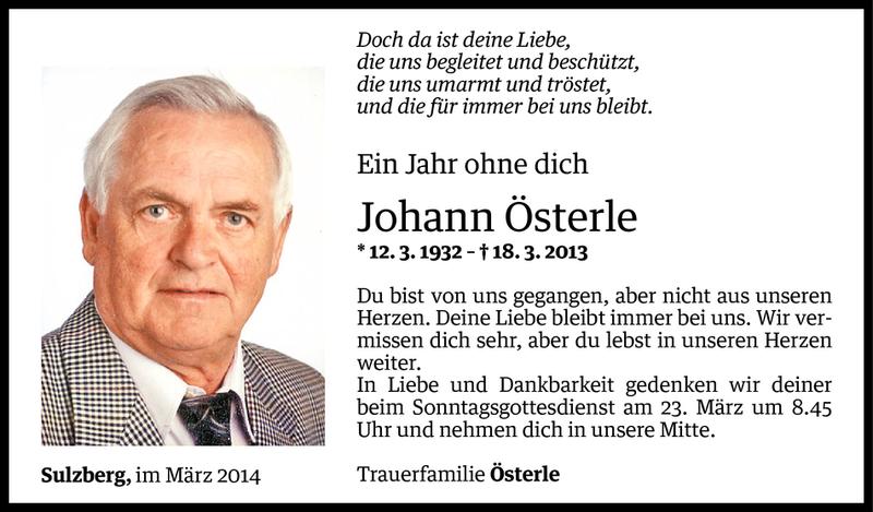  Todesanzeige für Johann Österle vom 17.03.2014 aus Vorarlberger Nachrichten