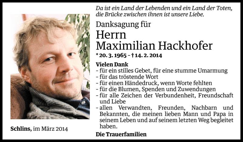  Todesanzeige für Maximilian Hackhofer vom 18.03.2014 aus Vorarlberger Nachrichten