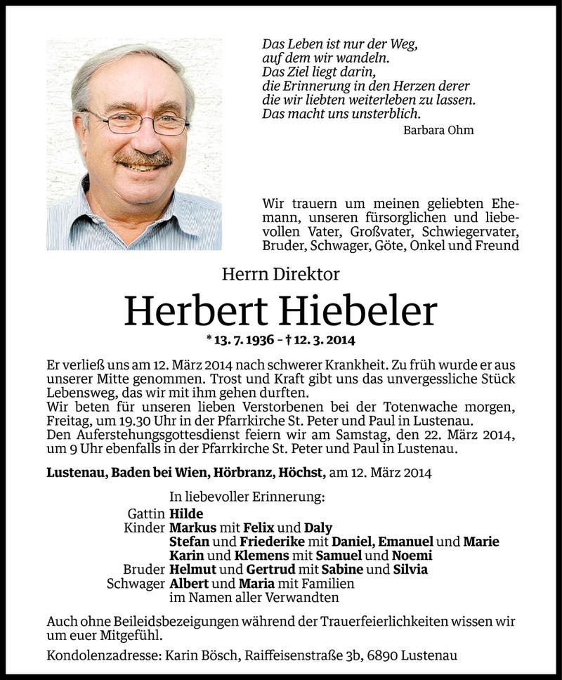  Todesanzeige für Herbert Hiebeler vom 20.03.2014 aus Vorarlberger Nachrichten