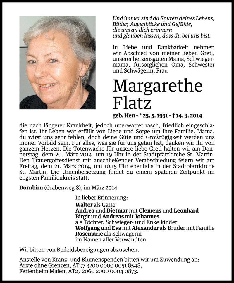  Todesanzeige für Margarethe Flatz vom 17.03.2014 aus Vorarlberger Nachrichten