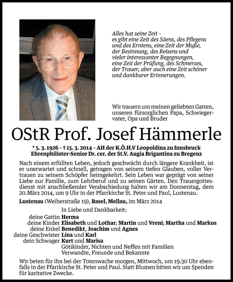  Todesanzeige für Josef Hämmerle vom 17.03.2014 aus Vorarlberger Nachrichten