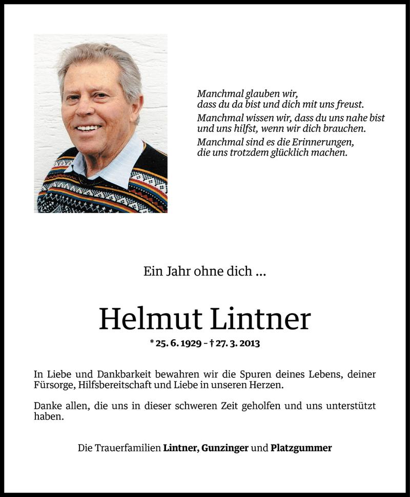  Todesanzeige für Helmut Lintner vom 27.03.2014 aus Vorarlberger Nachrichten