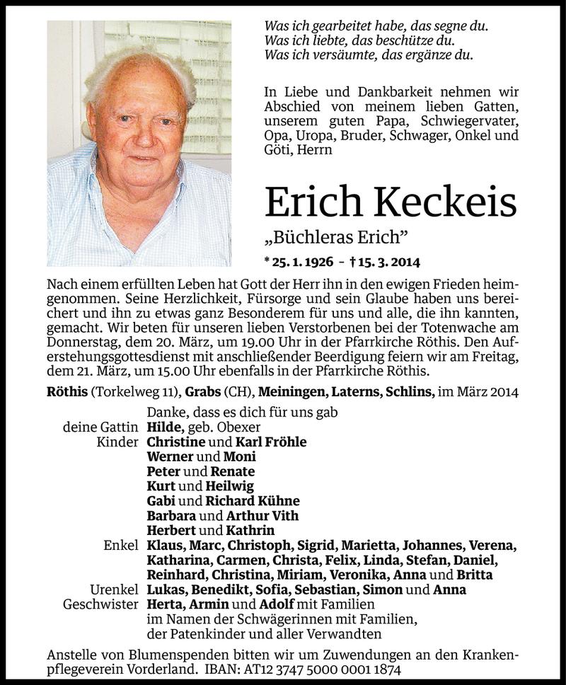  Todesanzeige für Erich Keckeis vom 18.03.2014 aus Vorarlberger Nachrichten