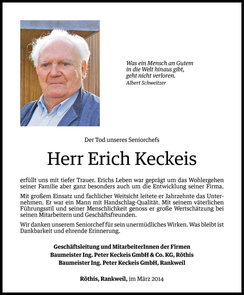  Todesanzeige für Erich Keckeis vom 18.03.2014 aus Vorarlberger Nachrichten