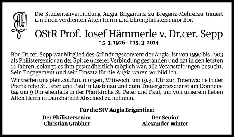  Todesanzeige für Josef Hämmerle vom 17.03.2014 aus Vorarlberger Nachrichten