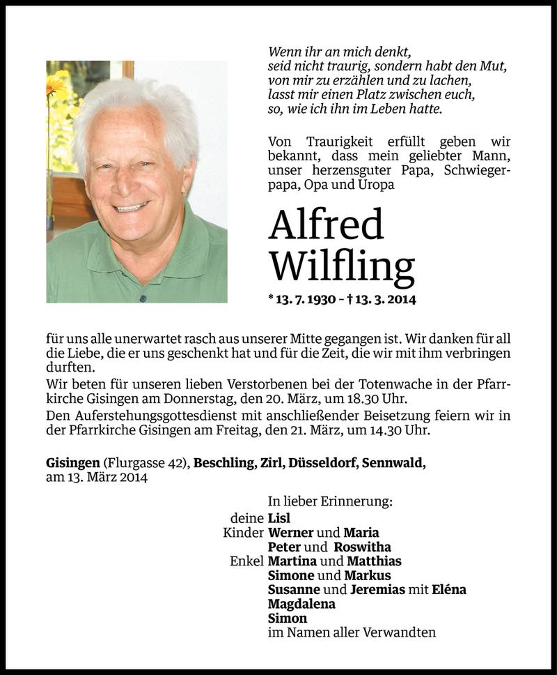  Todesanzeige für Alfred Wilfling vom 18.03.2014 aus Vorarlberger Nachrichten