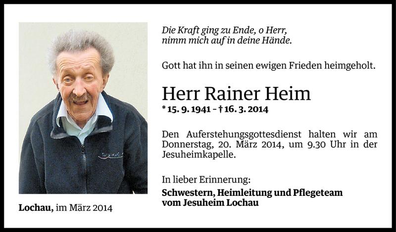  Todesanzeige für Rainer Heim vom 18.03.2014 aus Vorarlberger Nachrichten