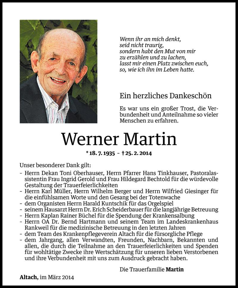  Todesanzeige für Werner Martin vom 20.03.2014 aus Vorarlberger Nachrichten