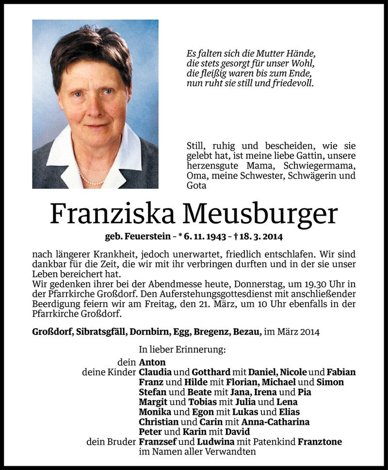  Todesanzeige für Franziska Meusburger vom 19.03.2014 aus Vorarlberger Nachrichten