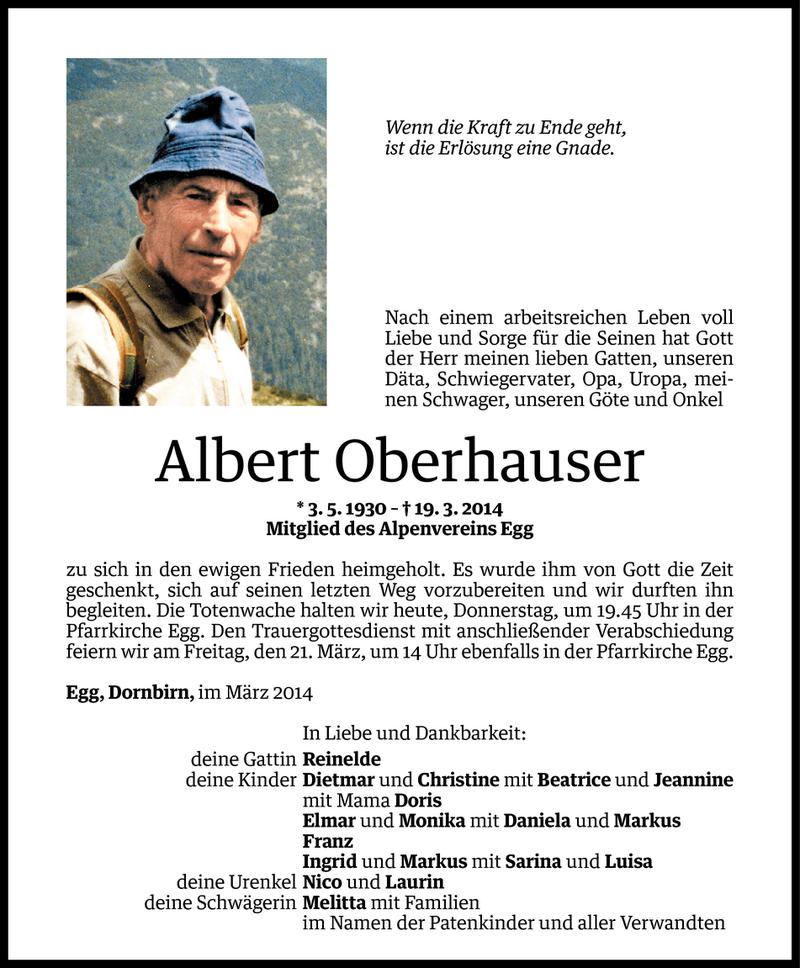  Todesanzeige für Albert Oberhauser vom 19.03.2014 aus Vorarlberger Nachrichten