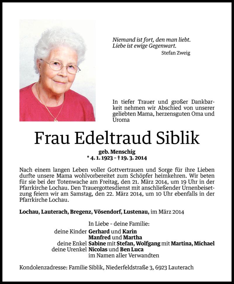  Todesanzeige für Edeltraud Siblik vom 19.03.2014 aus Vorarlberger Nachrichten