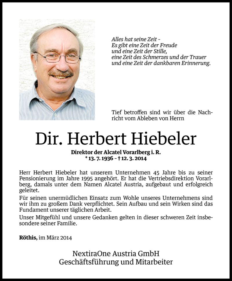  Todesanzeige für Herbert Hiebeler vom 19.03.2014 aus Vorarlberger Nachrichten