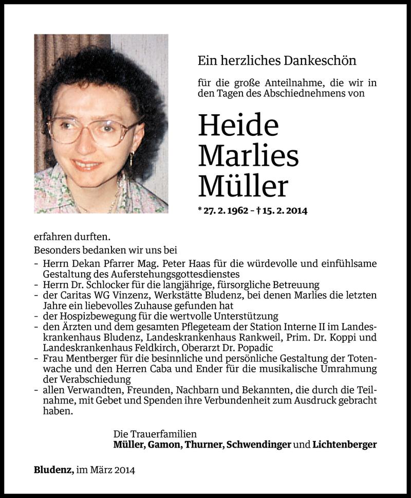  Todesanzeige für Heide Marlies Müller vom 24.03.2014 aus Vorarlberger Nachrichten