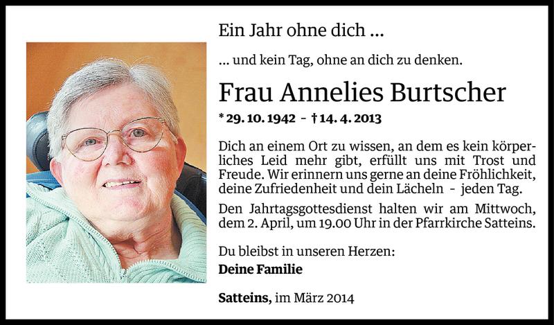  Todesanzeige für Annelies Burtscher vom 29.03.2014 aus Vorarlberger Nachrichten