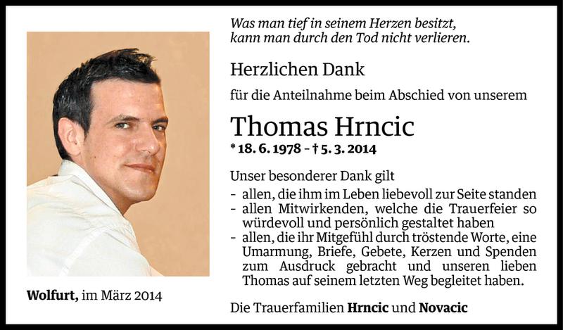  Todesanzeige für Thomas Hrncic vom 21.03.2014 aus Vorarlberger Nachrichten