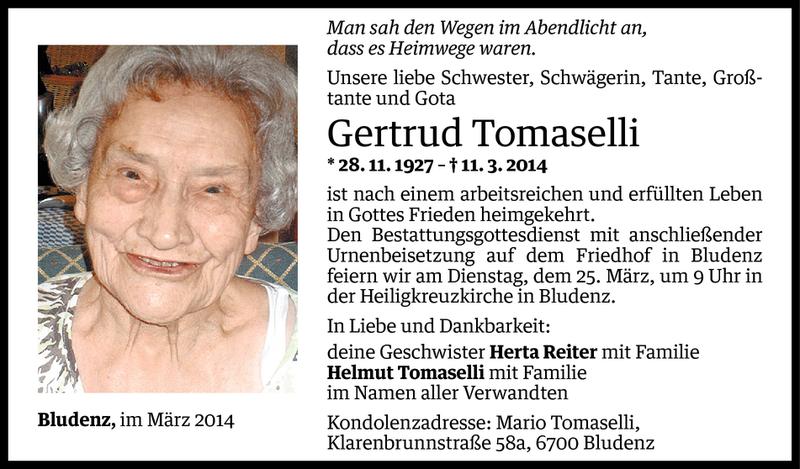  Todesanzeige für Gertrud Tomaselli vom 22.03.2014 aus Vorarlberger Nachrichten