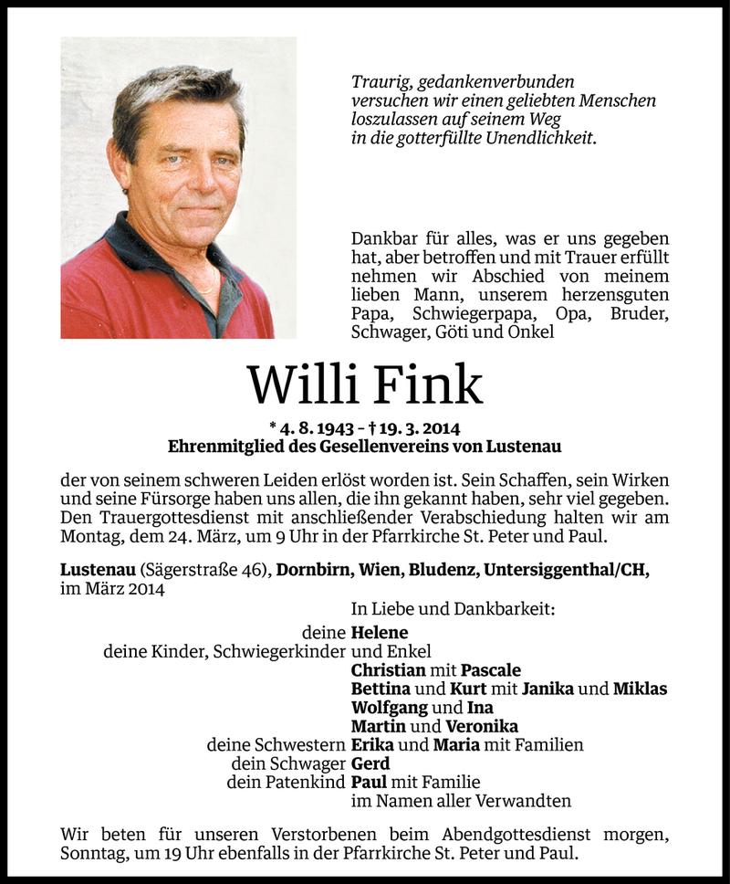  Todesanzeige für Willi Fink vom 21.03.2014 aus Vorarlberger Nachrichten