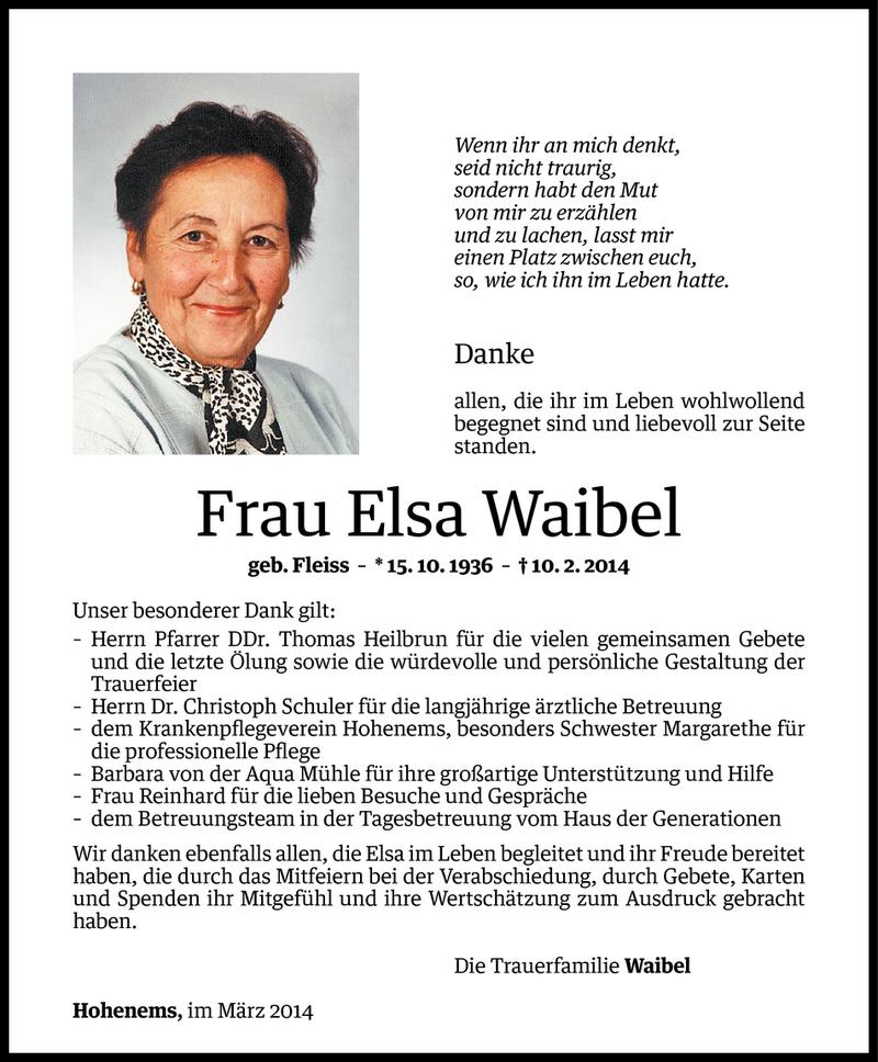  Todesanzeige für Elsa Waibel vom 22.03.2014 aus Vorarlberger Nachrichten