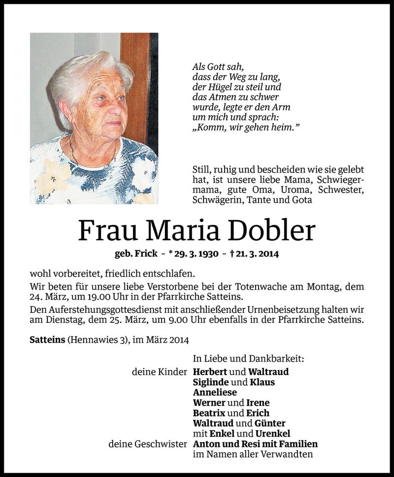  Todesanzeige für Maria Dobler vom 22.03.2014 aus Vorarlberger Nachrichten