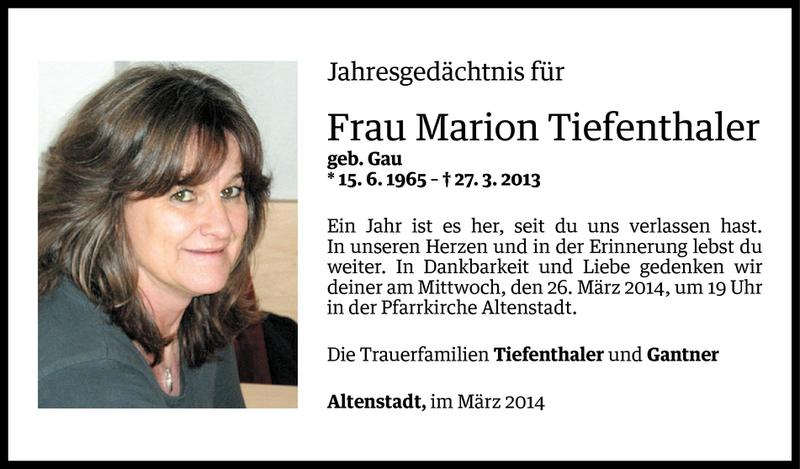  Todesanzeige für Marion Tiefenthaler vom 23.03.2014 aus Vorarlberger Nachrichten