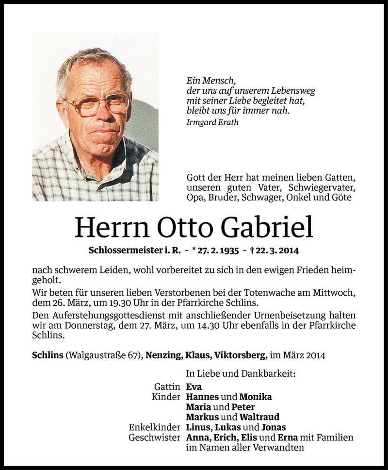  Todesanzeige für Otto Gabriel vom 25.03.2014 aus Vorarlberger Nachrichten