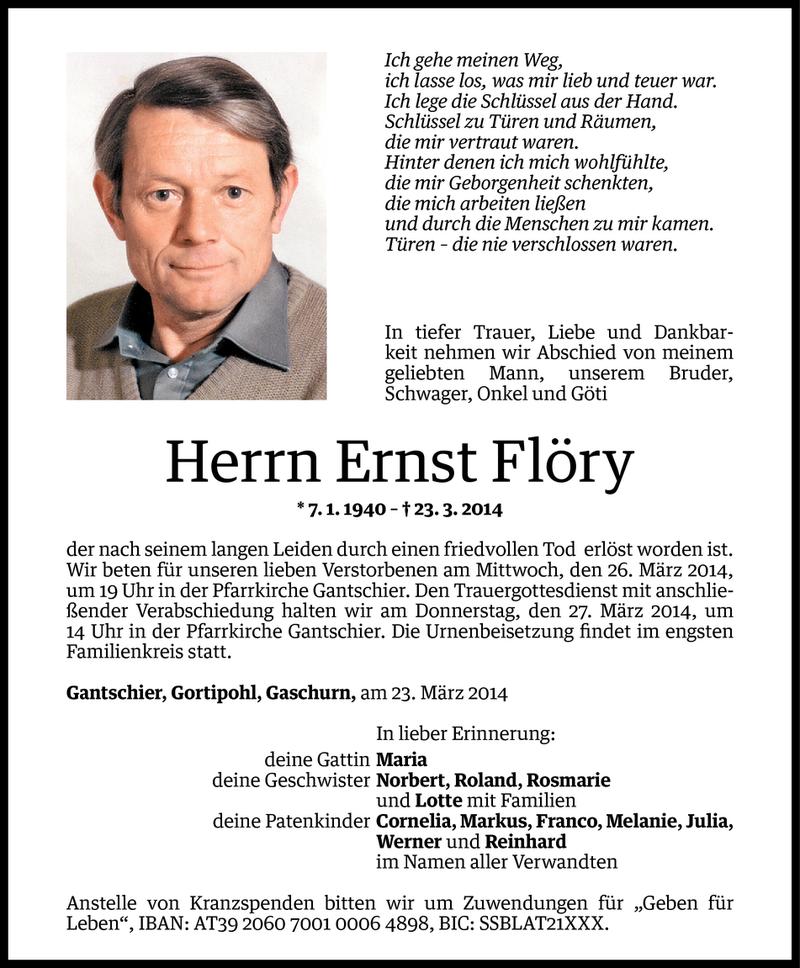  Todesanzeige für Ernst Flöry vom 24.03.2014 aus Vorarlberger Nachrichten