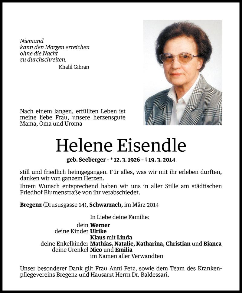  Todesanzeige für Helene Eisendle vom 26.03.2014 aus Vorarlberger Nachrichten
