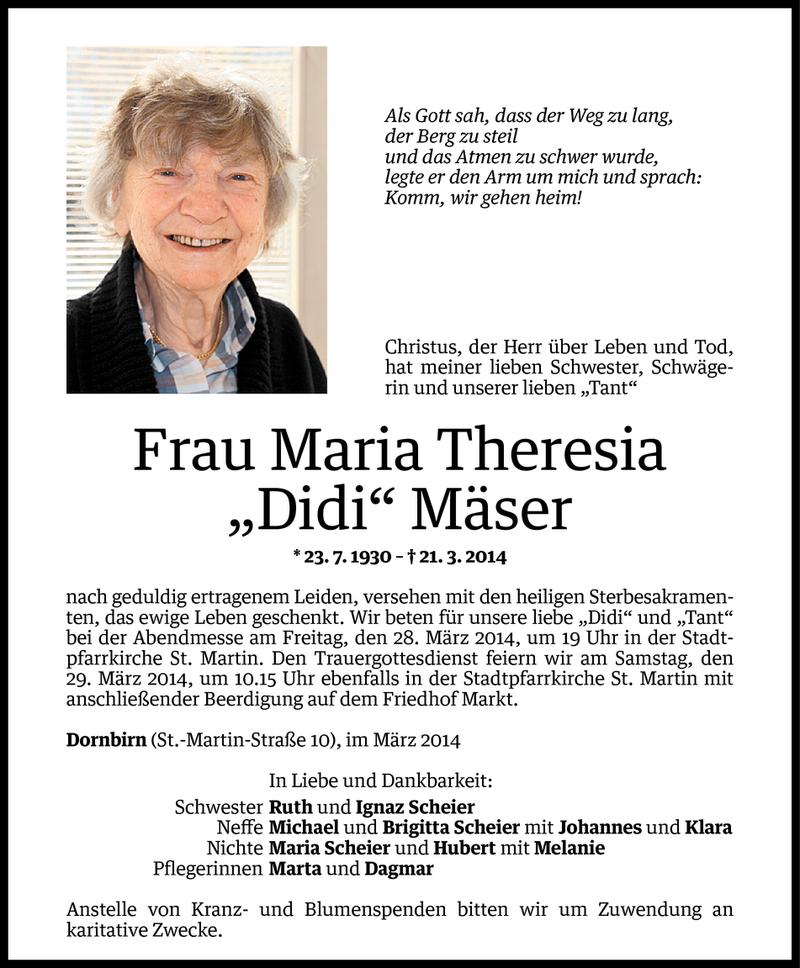  Todesanzeige für Maria Theresia Mäser vom 25.03.2014 aus Vorarlberger Nachrichten