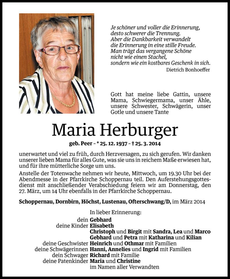  Todesanzeige für Maria Herburger vom 25.03.2014 aus Vorarlberger Nachrichten