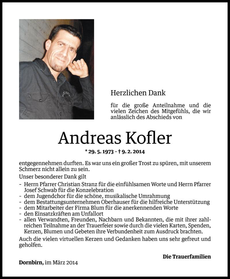  Todesanzeige für Andreas Kofler vom 25.03.2014 aus Vorarlberger Nachrichten