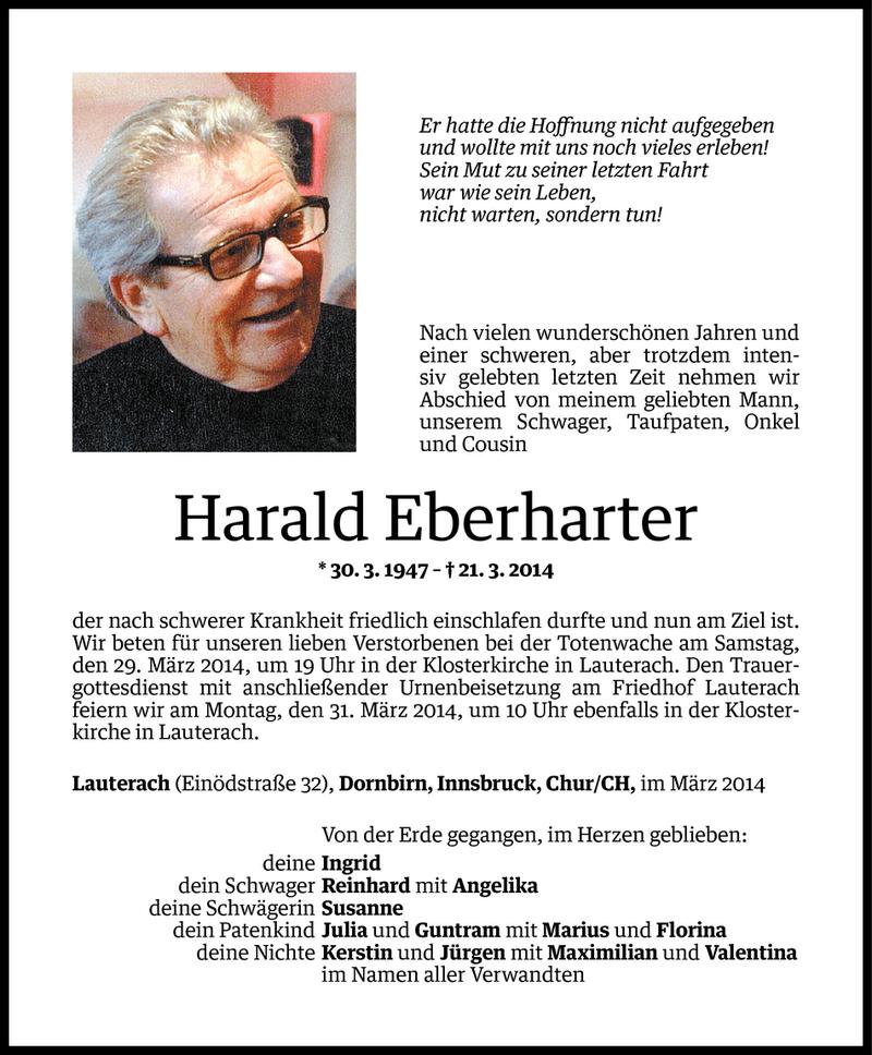  Todesanzeige für Harald Eberharter vom 27.03.2014 aus Vorarlberger Nachrichten