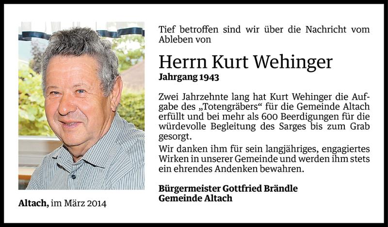  Todesanzeige für Kurt Wehinger vom 26.03.2014 aus Vorarlberger Nachrichten