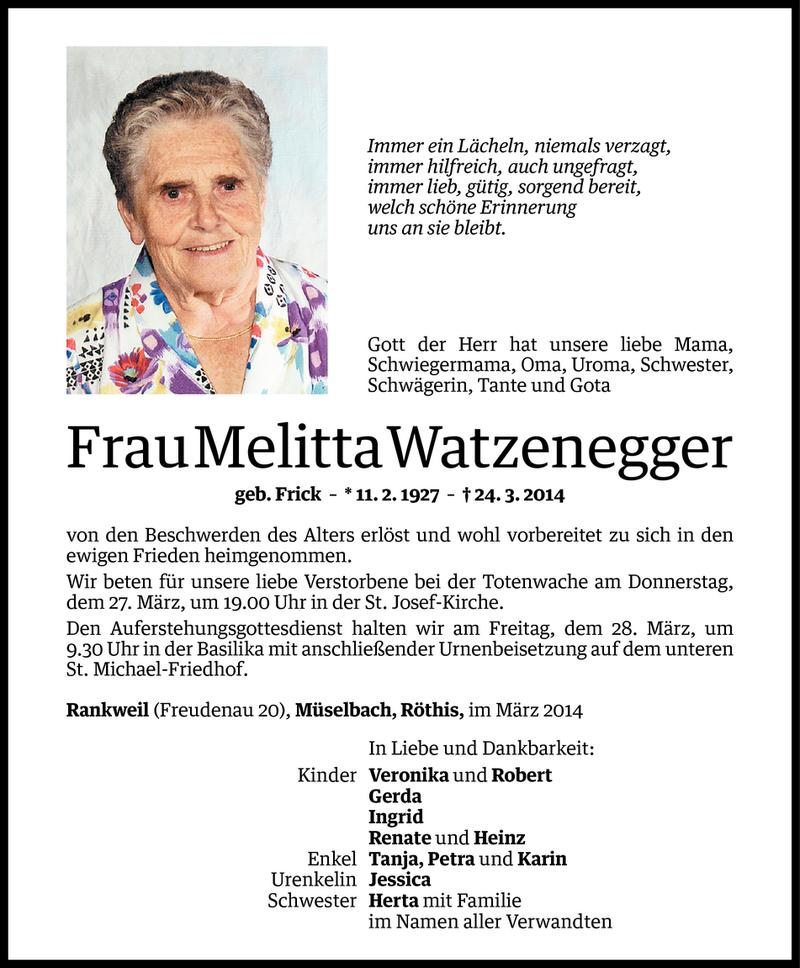  Todesanzeige für Melitta Watzenegger vom 26.03.2014 aus Vorarlberger Nachrichten