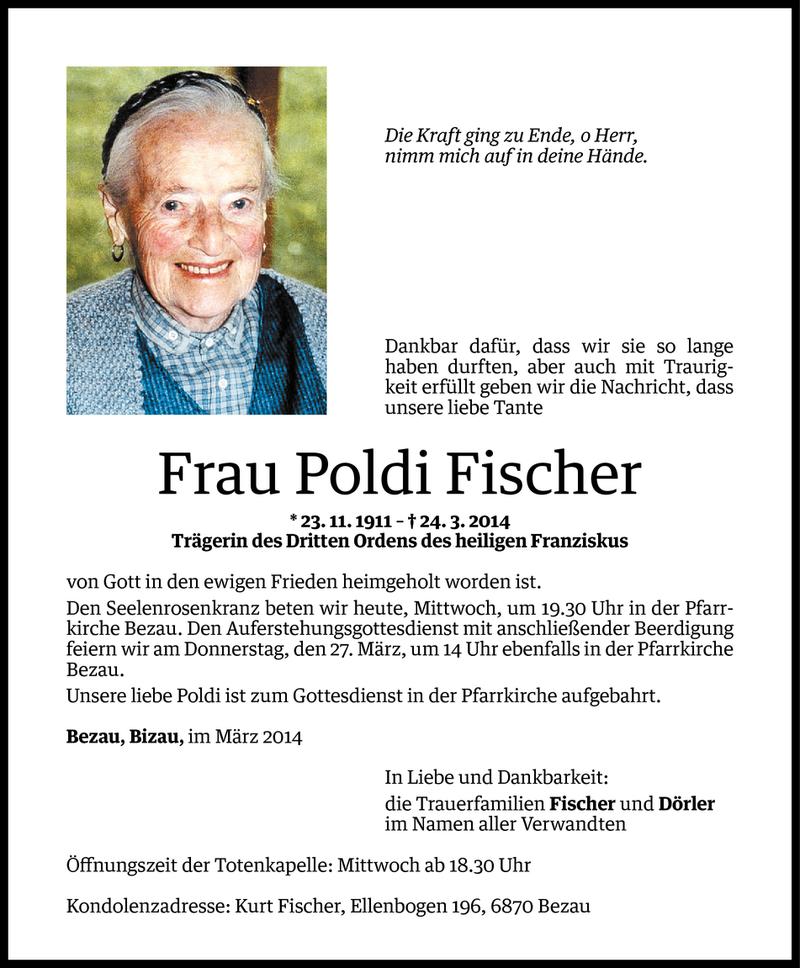  Todesanzeige für Poldi Fischer vom 25.03.2014 aus Vorarlberger Nachrichten
