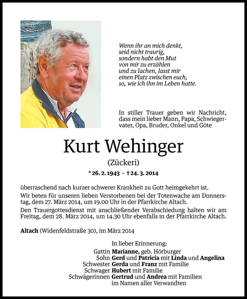  Todesanzeige für Kurt Wehinger vom 26.03.2014 aus Vorarlberger Nachrichten