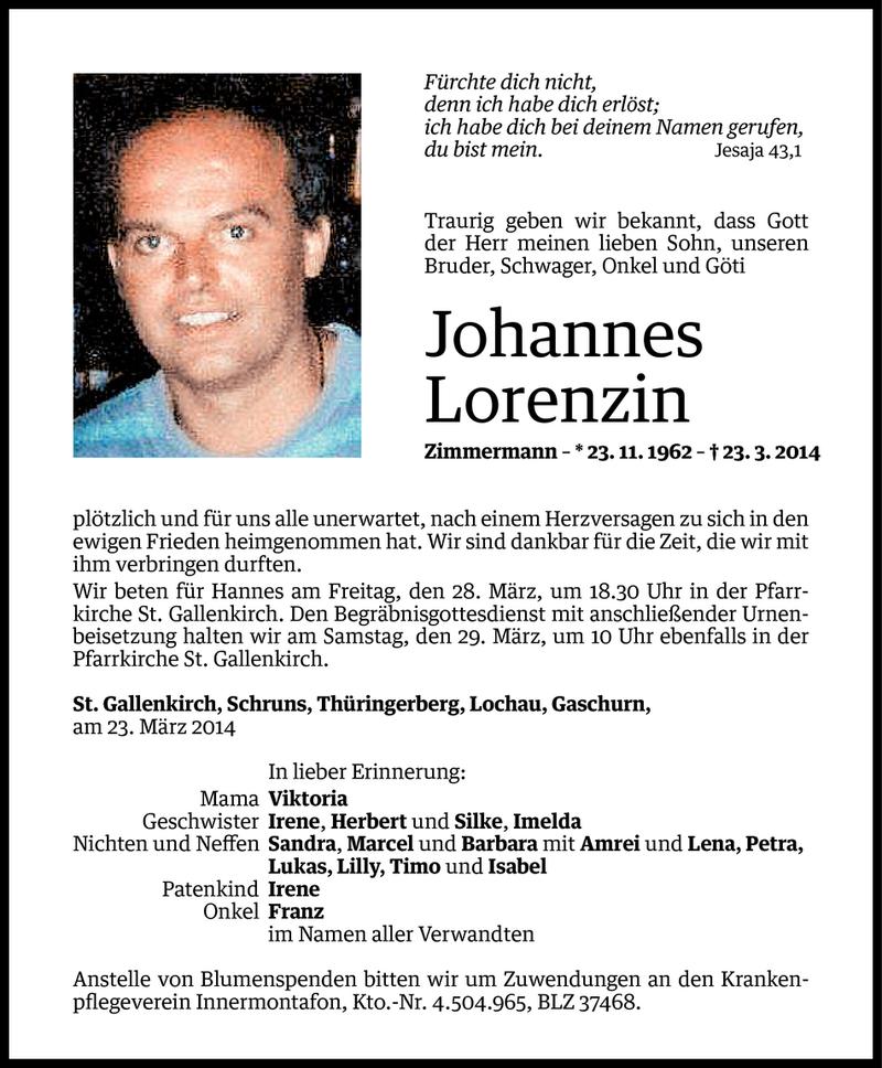  Todesanzeige für Johannes Lorenzin vom 25.03.2014 aus Vorarlberger Nachrichten