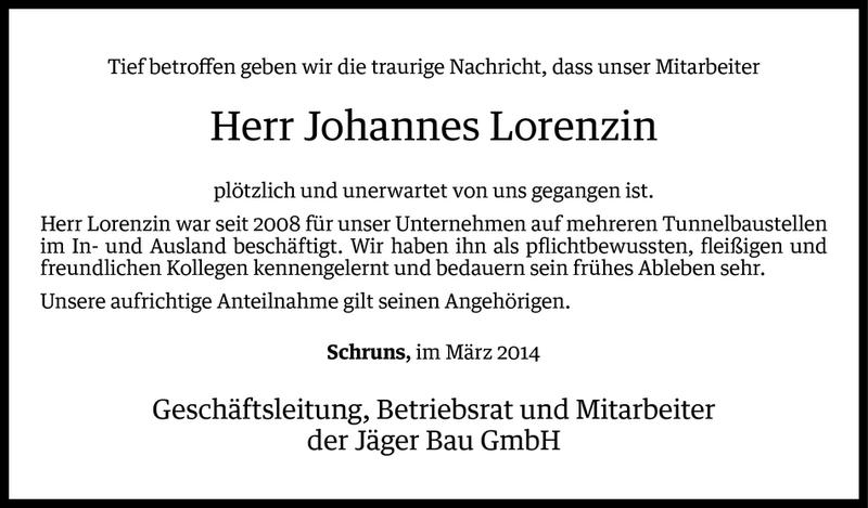  Todesanzeige für Johannes Lorenzin vom 25.03.2014 aus Vorarlberger Nachrichten