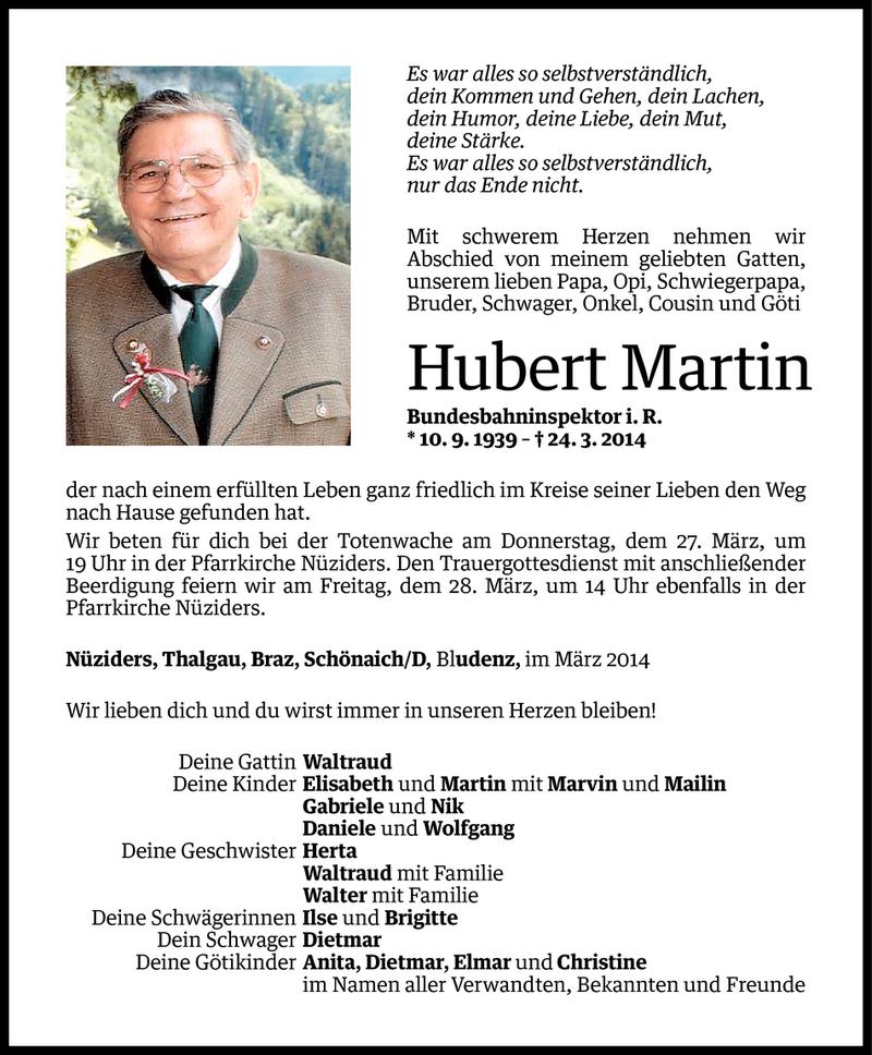  Todesanzeige für Hubert Martin vom 26.03.2014 aus Vorarlberger Nachrichten