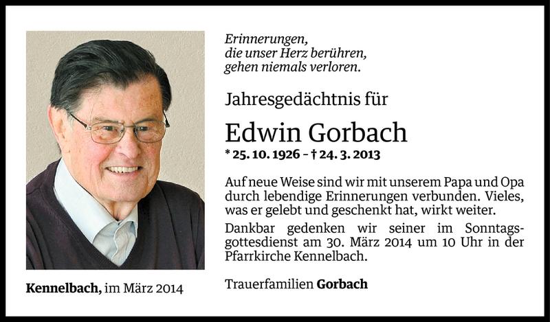 Todesanzeige für Edwin Gorbach vom 26.03.2014 aus Vorarlberger Nachrichten