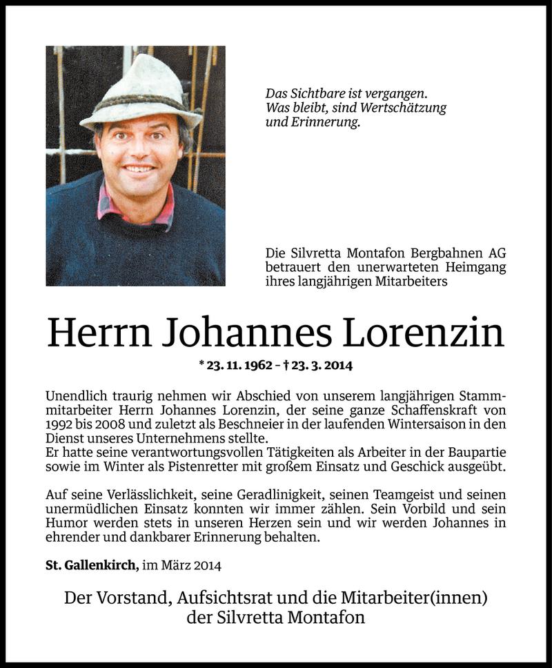  Todesanzeige für Johannes Lorenzin vom 26.03.2014 aus Vorarlberger Nachrichten