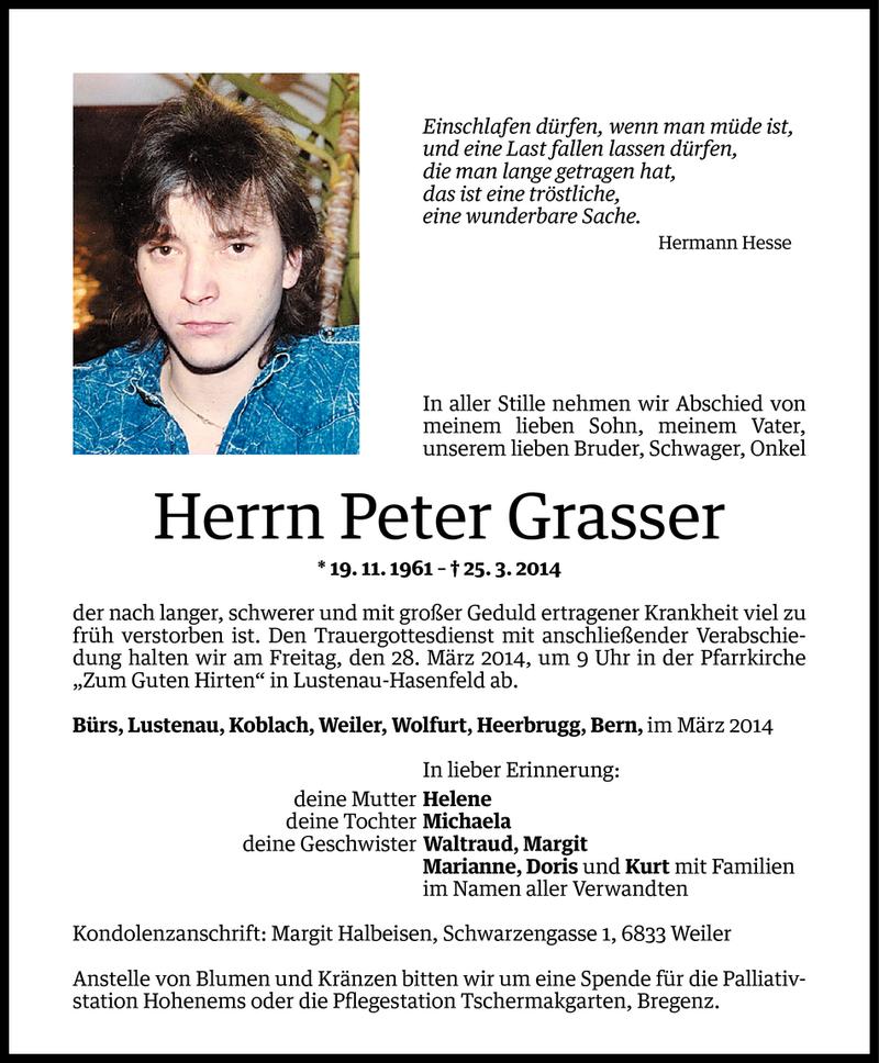  Todesanzeige für Peter Grasser vom 26.03.2014 aus Vorarlberger Nachrichten