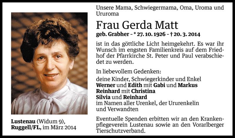  Todesanzeige für Gerda Matt vom 27.03.2014 aus Vorarlberger Nachrichten