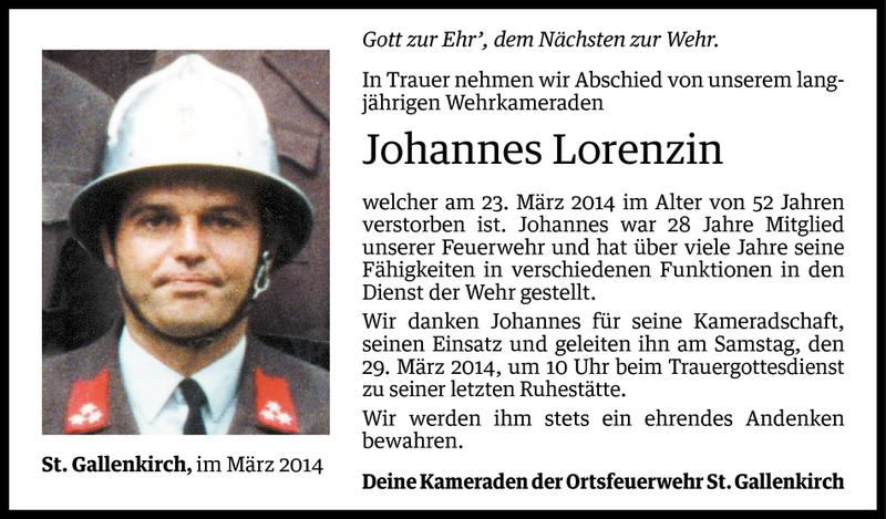  Todesanzeige für Johannes Lorenzin vom 26.03.2014 aus Vorarlberger Nachrichten