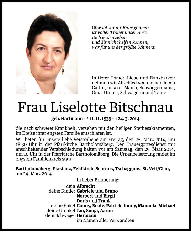  Todesanzeige für Liselotte Bitschnau vom 26.03.2014 aus Vorarlberger Nachrichten