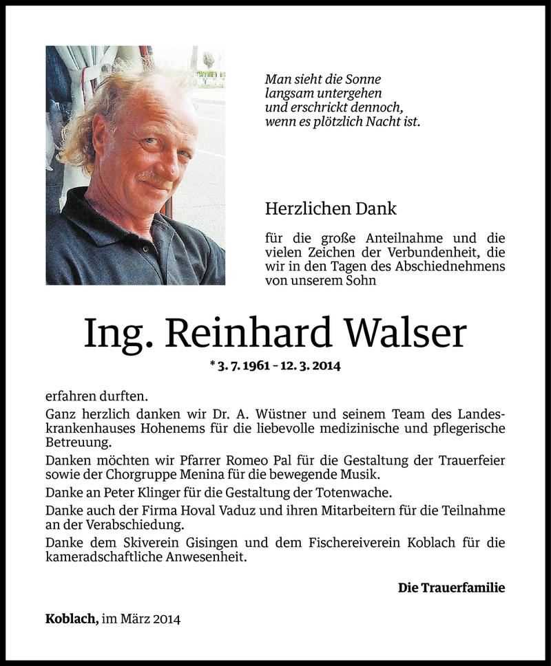  Todesanzeige für Reinhard Walser vom 28.03.2014 aus Vorarlberger Nachrichten