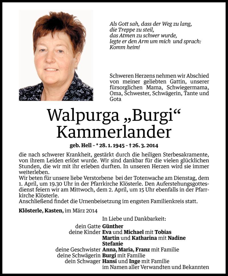  Todesanzeige für Walpurga Kammerlander vom 31.03.2014 aus Vorarlberger Nachrichten